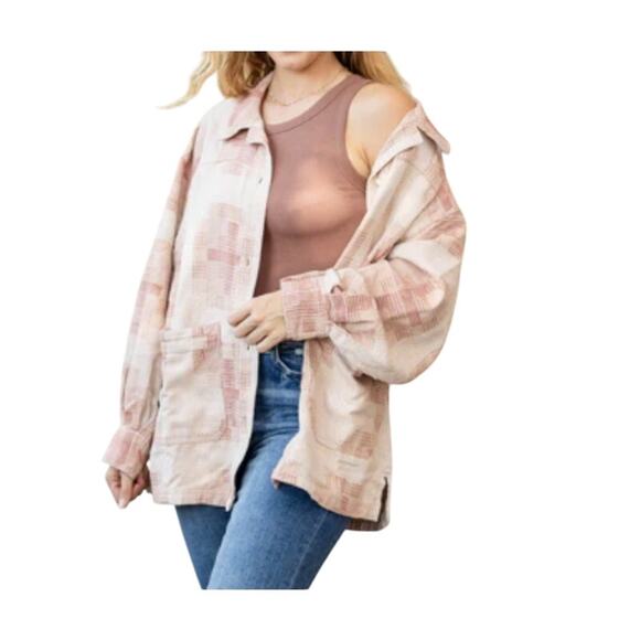 Free People Plaid Jacket in Beige and Pink - Picture 2 of 4